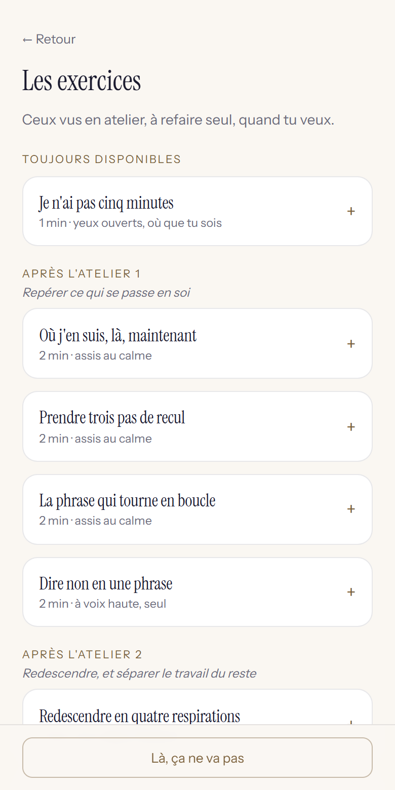 Écran de la bibliothèque : la liste des exercices audio, classés par atelier